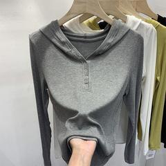 螺纹长袖t恤女春秋装新款韩版宽松内搭打底衫连帽体恤洋气上衣ins
