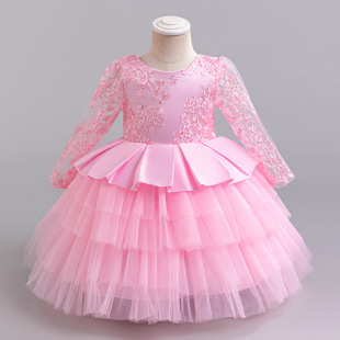 Cross-border Girls' Long-sleeved Fluffy Princess Dress Middle-aged Children's Dress Bow Multi-layer Cake Dress Girls' dress