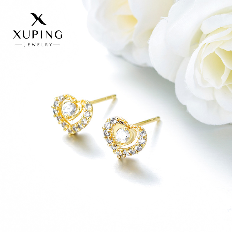 旭平 欧美跨境新款铜合金镀14k金色镶嵌锆石镂空双爱心耳钉耳饰女