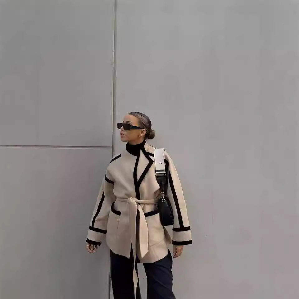 Damenbekleidung leichter Luxus 2024 Herbst und Winter neues Temperament Freizeit doppelseitiger Wollmantel mit Schnürung Kontrastfarbe mittellang_voghion.com