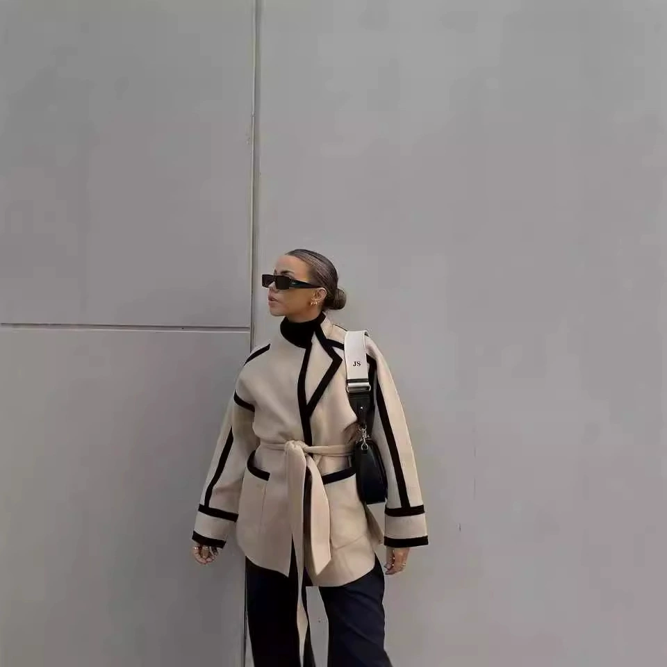 Трансграничная французская легкая роскоши 24 осень и зима новая женская одежда повседневная двусторонняя шерстяная куртка с завязкой