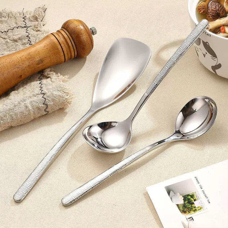 轻奢锤纹304不锈钢分餐勺高档加厚公用大头圆勺长柄自助分菜铲勺