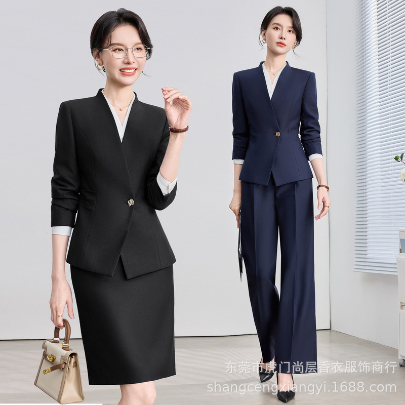 Collarless V-Neck Women's Professional Suit Set, Business Front Desk Uniform, Waist-Cinching One-Button Blazer, Wholesale in Stock