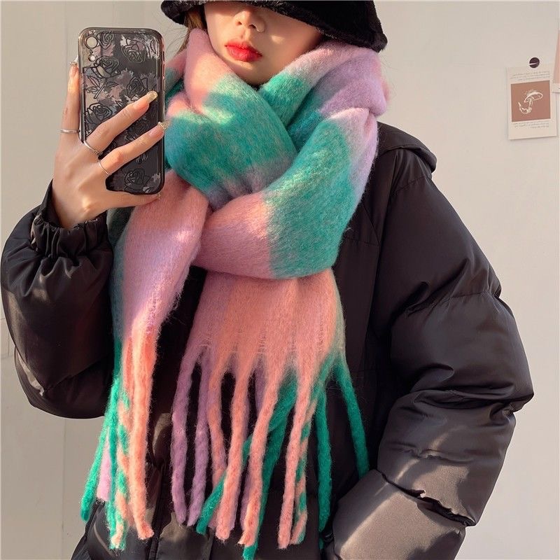 Rutig franshalsduk dam höst och vinter regnbågsfärgad imitation kashmir mohair sjal förtjockad hals_voghion.com