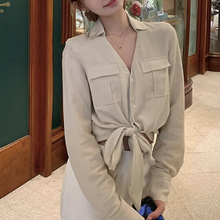 2025秋季「肤感巨好!!莱赛尔亚麻衬衫」慵懒下摆打结长袖衬衣上衣