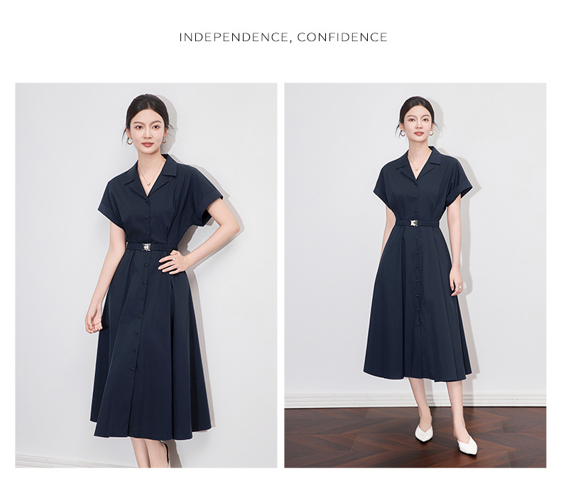 Đầm maxi nữ cổ bẻ thắt eo phong cách công sở mùa hè — Màu xanh navy chi tiết 8
