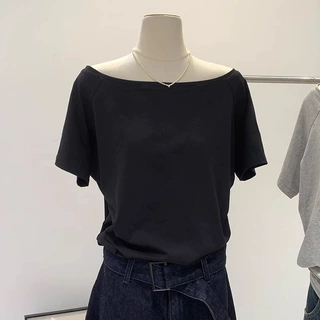 跨境现货宽松慵懒风两穿T恤女夏一字肩显瘦斜领短袖纯色棉质上衣
