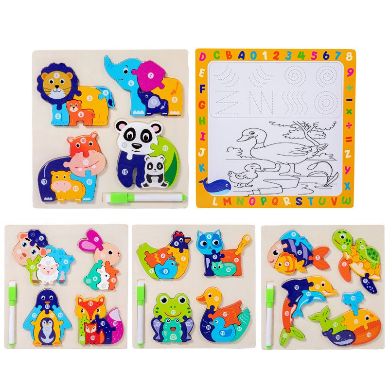 Puzzle de madera tridimensional de crecimiento tablero de dibujo dos en uno juguetes de bloques de granos para niños juguetes de madera de educación temprana