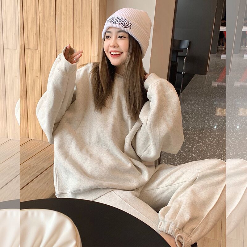 时尚运动服套装女秋冬季慵懒风色宽松圆领卫衣束脚裤休闲两件套|undefined
