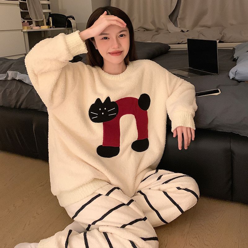 Half Velvet Pajamas Women's Winter Coral Velvet Cartoon Winter Thickened fleece-lined Warm Flannel Home Clothes Autumn and Winter