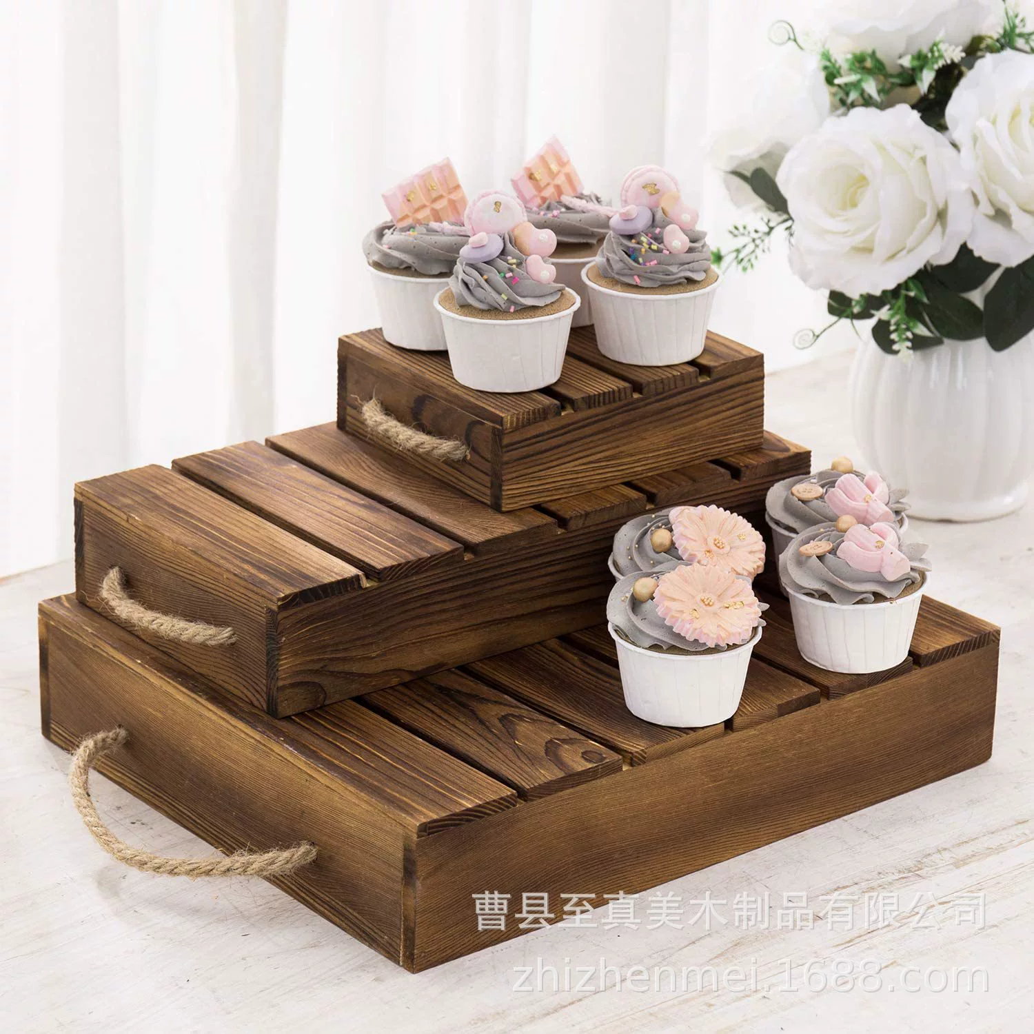 Деревянный поднос стиль Слоистый десерт подставка веревка ручка бумажный стаканчик торт витрина деревянная деревенская подставка для торта Подставка дисплей