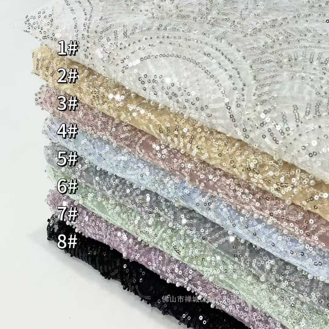 Tejido de sequillas de perlas Mejor calidad Cuentas sequillas Lace Tejido de vestido de boda de alta definición