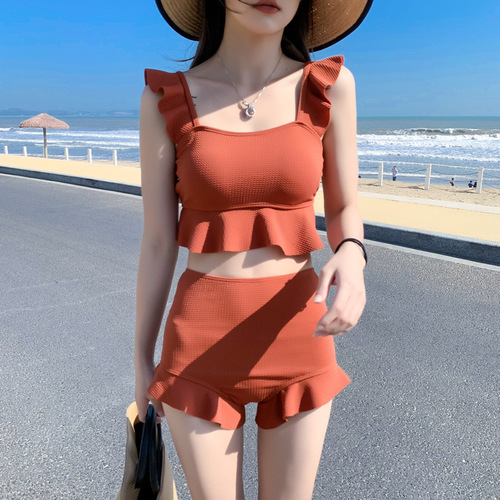 Women's swimsuit split two-piece conservative high-waisted slimming belly-covering student forest style small breasts gathered Korean version ins hot spring