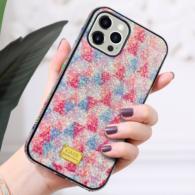 适用于iphone8闪粉手机壳苹果11promax镶钻硬壳12mini彩色边钻套
