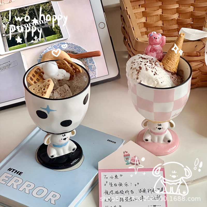 卡通狗高脚情侣陶瓷马克杯冰淇淋雪糕高颜值可爱创意伴手礼水杯子|undefined