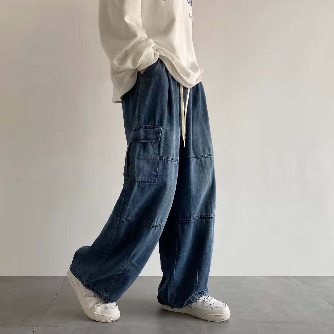 Pantalones vaqueros de cintura alta jóvenes populares perezosos de moda lavados elegantes pantalones de pierna recta de moda sueltos rectos de los hombres de primavera