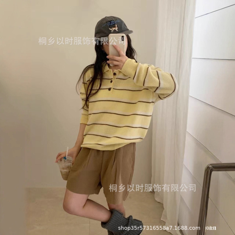 以时 25年秋冬新款羊毛针织毛衣女 Polo领条纹韩系简约羊毛衫女|undefined