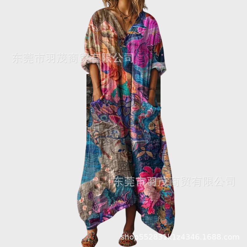 2025新款独立站女式复古花卉艺术图案印花口袋V领口袋连衣裙2|undefined