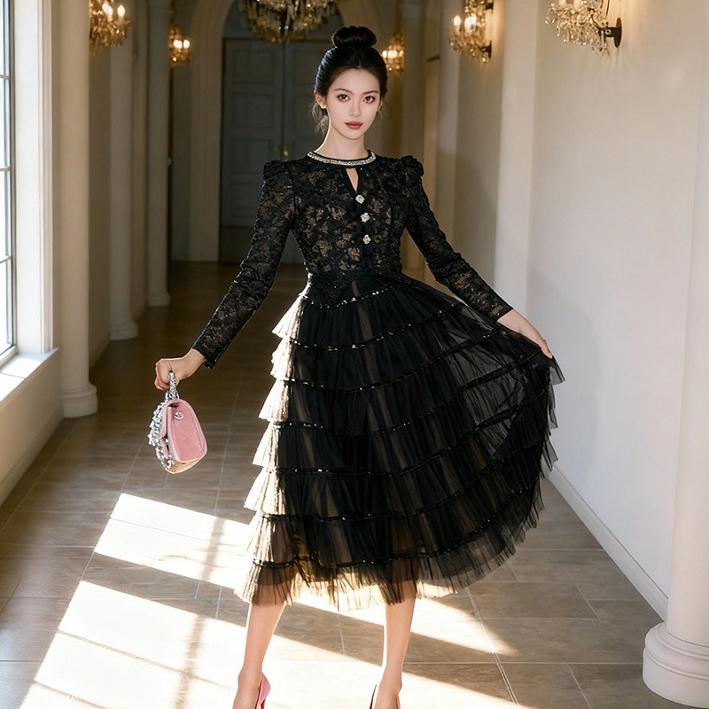 C-4629# 秋冬名媛气质黑...