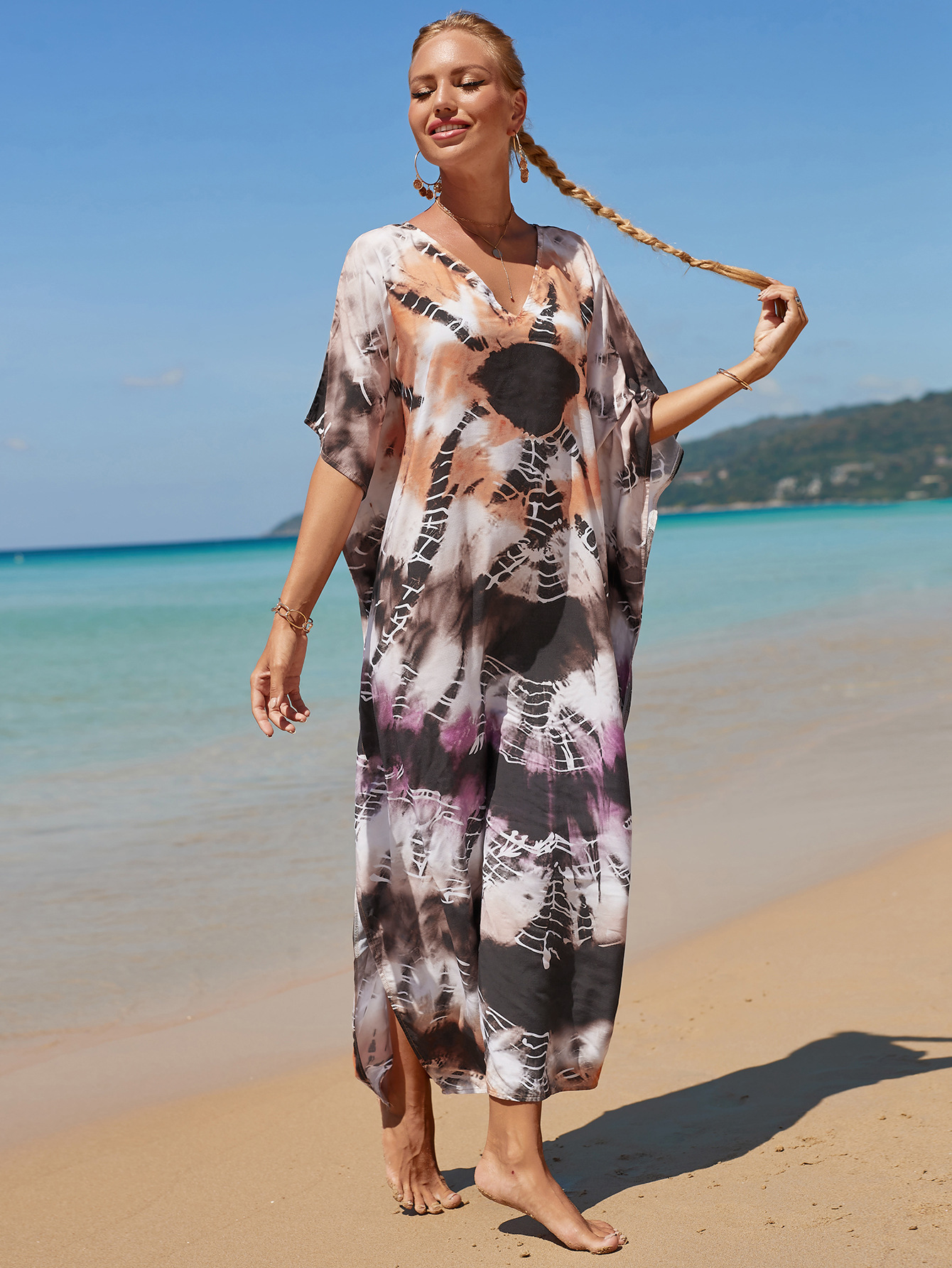 printed loose short sleeve v neck slit beach outdoor cover-up-Multicolor NSMUX131415