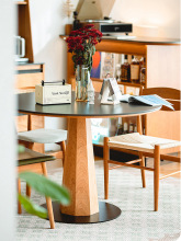 同心圆桌实木加厚岩板圆餐桌家用奶油风樱桃木圆形餐桌饭桌小户型