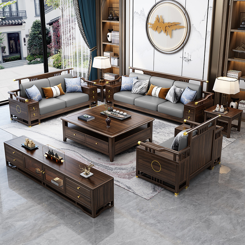 New Chinese style ebony solid wood sofa combination large and small villa living room Chinese style Zen living room wooden furniture