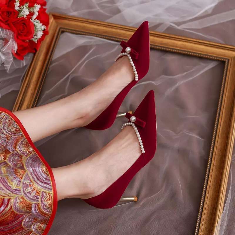 婚鞋秀禾婚纱两穿2025年春秋新款新娘鞋细跟单鞋女珍珠红色高跟鞋|undefined