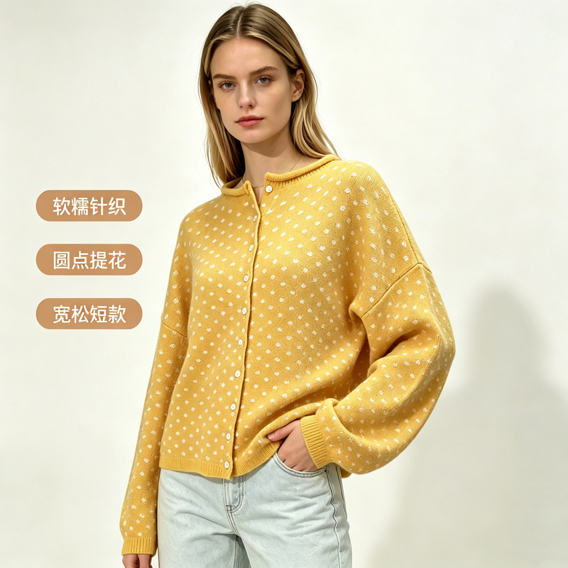 European and American Style Polka Dot Jacquard Knit Cardigan for Women, Round Neck, Loose Fit, Short Style, Soft and Cozy, Long Sleeve, Single-Breasted Sweater Coat European and American Style Polka Dot Jacquard Knit Cardigan for Women, Round Neck, Loose Fit, Short Style, Soft and Cozy, Long Sleeve, Single-Breasted Sweater Coat