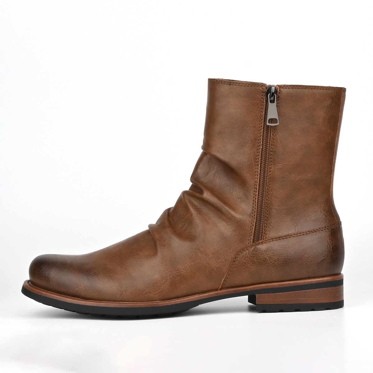 Unbranded Wrinkled Short Boots Side Zip Brown Faux Leather