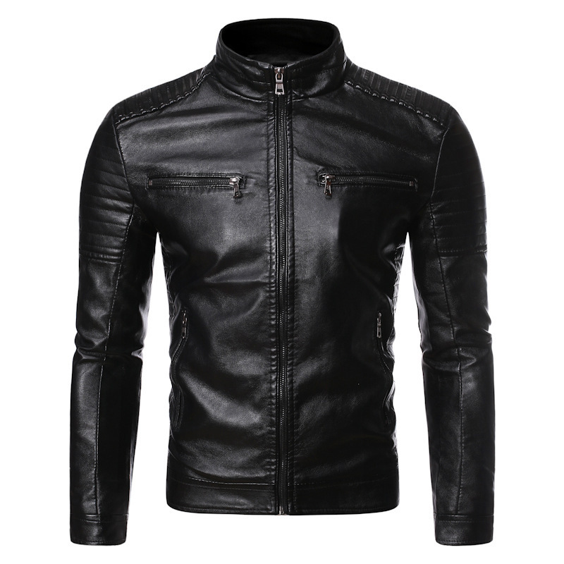AliExpress Amazon primavera y otoño Delgado de los hombres del collar del soporte rayado doble cremallera PU chaqueta de cuero más tamaño de la motocicleta abrigo de cuero