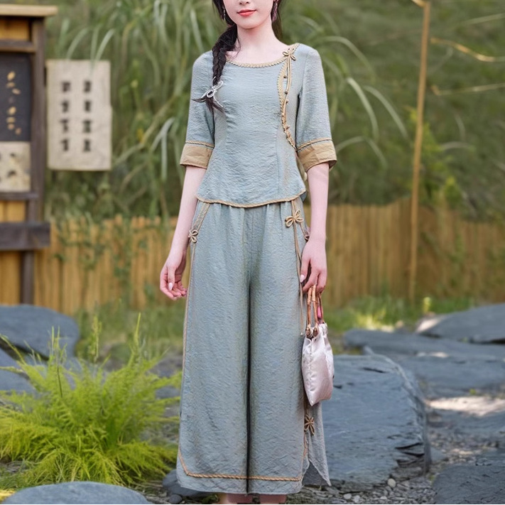 エスニック風スーツ 小柄レディース 新作レトロシャツ トップス ワイドパンツ 年齢軽減Tシャツ 2点セット 梅将|undefined