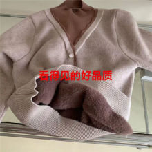 高品质加厚一体绒短款打底衫秋冬新款中年上衣假两件针织宽松毛衣