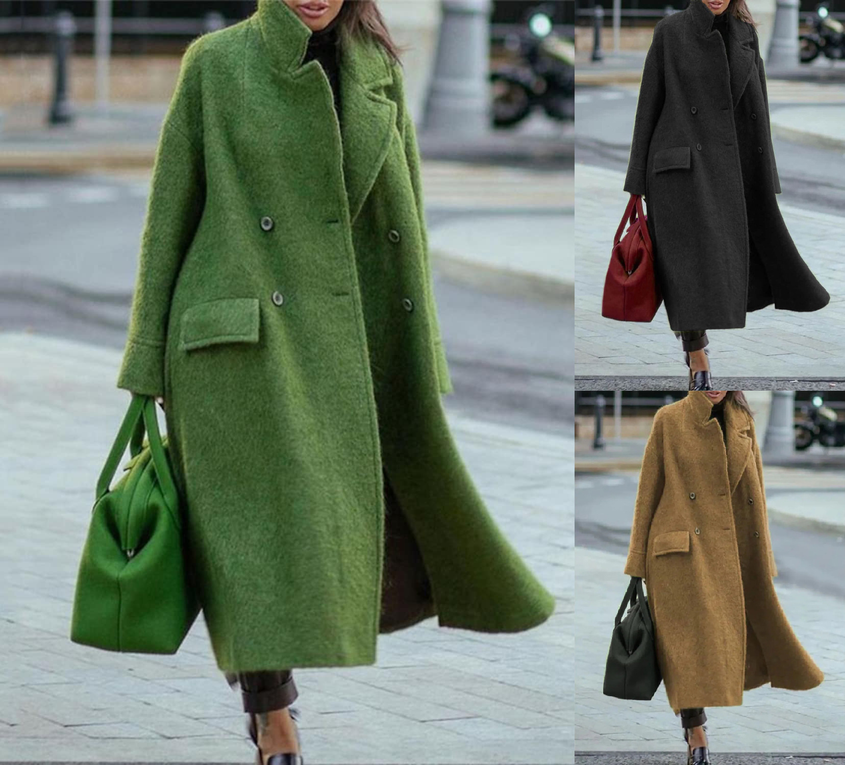 Women's long woolen coat solid color temperament commuting beltless lapel loose woolen green coat_voghion.com