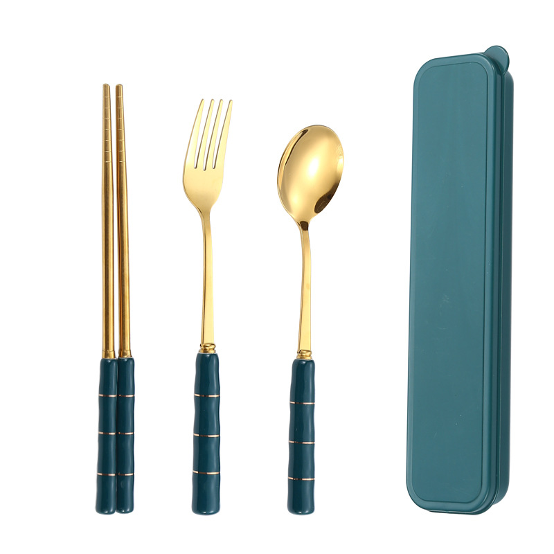 Palillos de acero inoxidable traje de cuchara estudiante vajilla portátil cuchara de tres piezas tenedor caja de almacenamiento de mango de cerámica