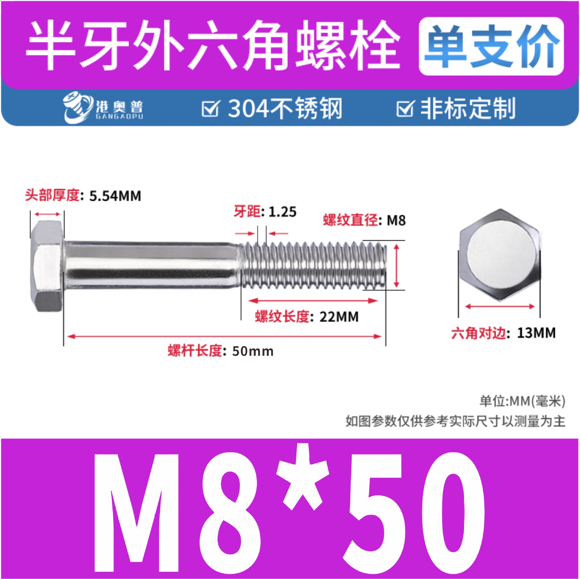 Tornillos hexagonales de media rosca, acero inoxidable 304