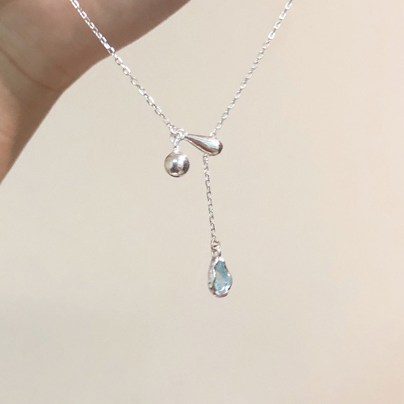 S925纯银 蓝色水滴项链女可调节锁骨链ins轻奢网红博主款银饰项链|undefined
