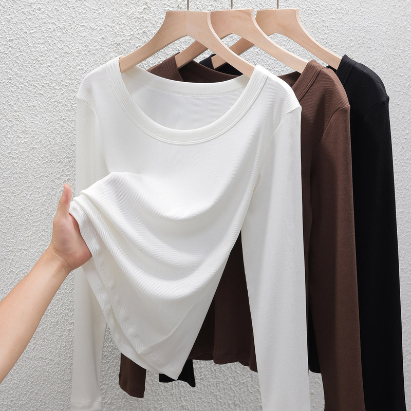 Youkesi Large Round Neck Base Shirt for Women, Regular Shoulder Ribbed Slim Fit White Long-Sleeve T-Shirt, Basic Top for Summer