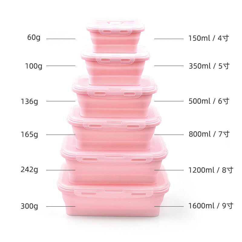 Fiambrera de silicona plegable, caja de conservación portátil, caja bento de microondas, caja de almuerzo cuadrada de plástico, caja de almacenamiento de refrigerador al por mayor
