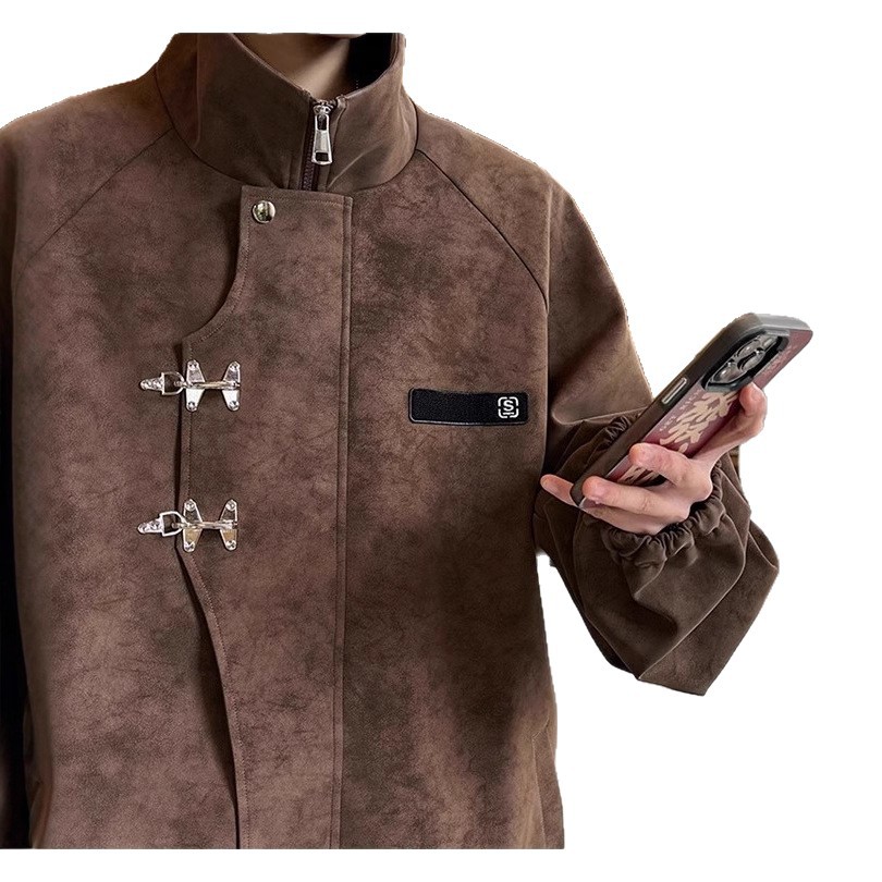 American High Street Buckle Locomotive Pu chaqueta de cuero hombre marca de invierno y otoño suelta retro alta sensación de abrigo de cuero de cuello vertical