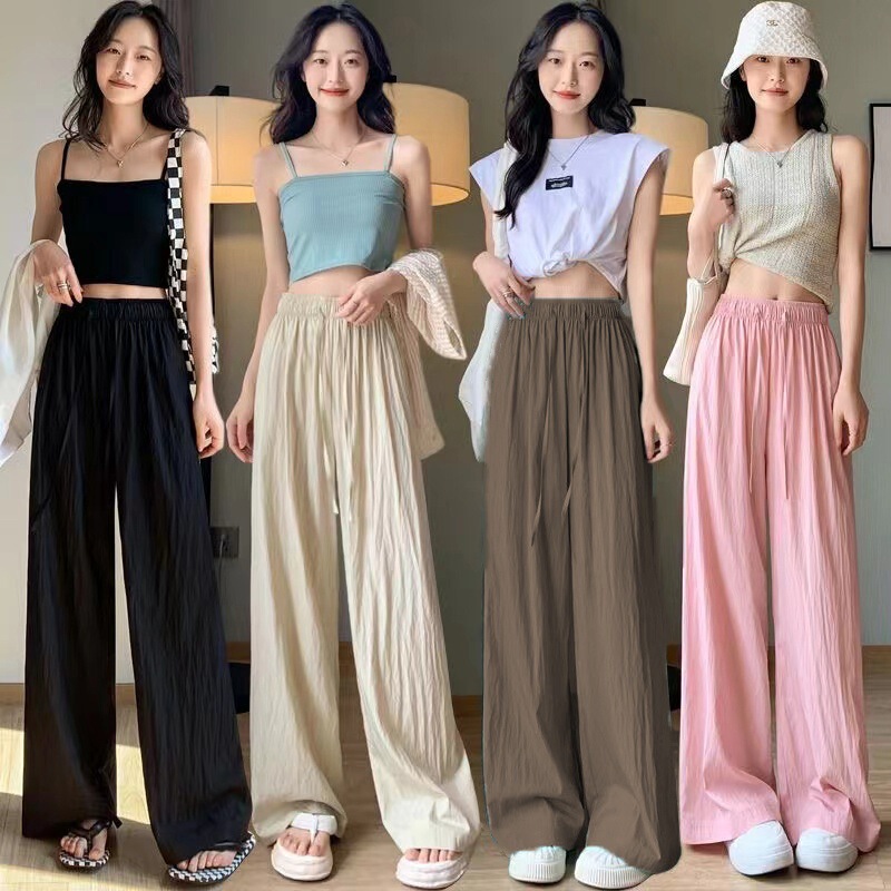 Ice Silk Wrinkled Wide-leg Pants Women's Summer Ice Silk Thin 2025 New High Waist Drape Casual Lazy Wrinkled Straight Pants Ice Silk Wrinkled Wide-leg Pants Women's Summer Ice Silk Thin 2025 New High Waist Drape Casual Lazy Wrinkled Straight Pants