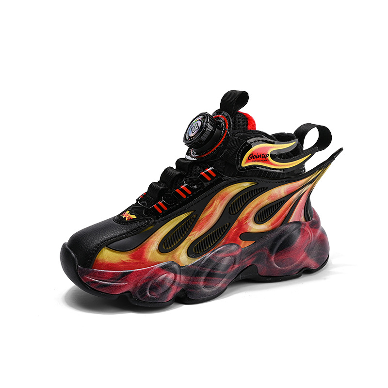 Fabricante directo de cuero para niños zapatos de correr botón giratorio jefe conmemorativo zapatos de baloncesto antideslizantes zapatos de suela gruesa