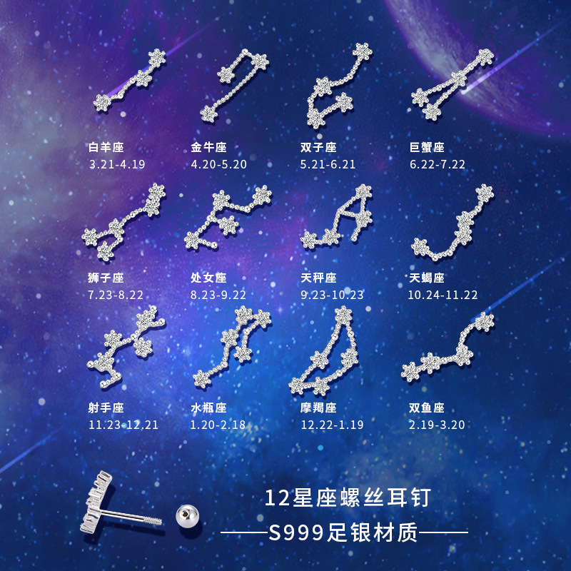 S999純銀十二12星座耳骨釘鑲鑽耳飾設計感擰螺絲耳飾簡約耳釘批發