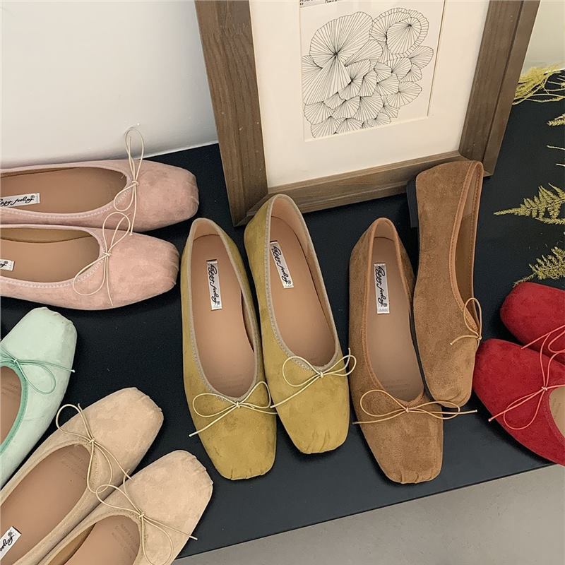 French-style flat shallow ballet silver shoes for women, 2024 summer bow red boat shoes, square-toed shoes French-style flat shallow ballet silver shoes for women, 2024 summer bow red boat shoes, square-toed shoes