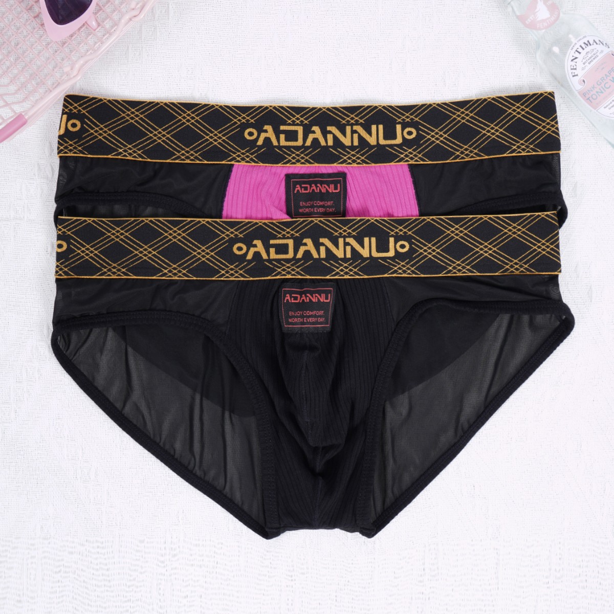 Cueca boxer masculina transparente com cós dourado, em tela sexy, ideal para esportes e fitness, confortável e com fácil liberação._voghion.com