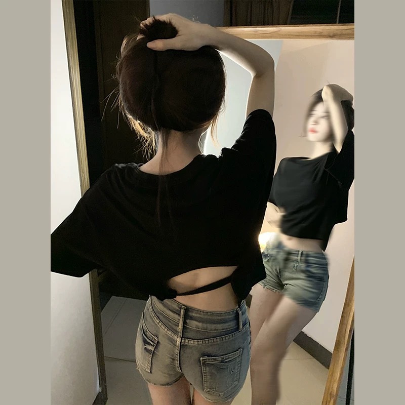 여성용 백리스 쇼트 티셔츠, 백 컷아웃 밑단 셔츠, 한국 여성 여름 라운드넥 루즈 반팔 탑 여성복