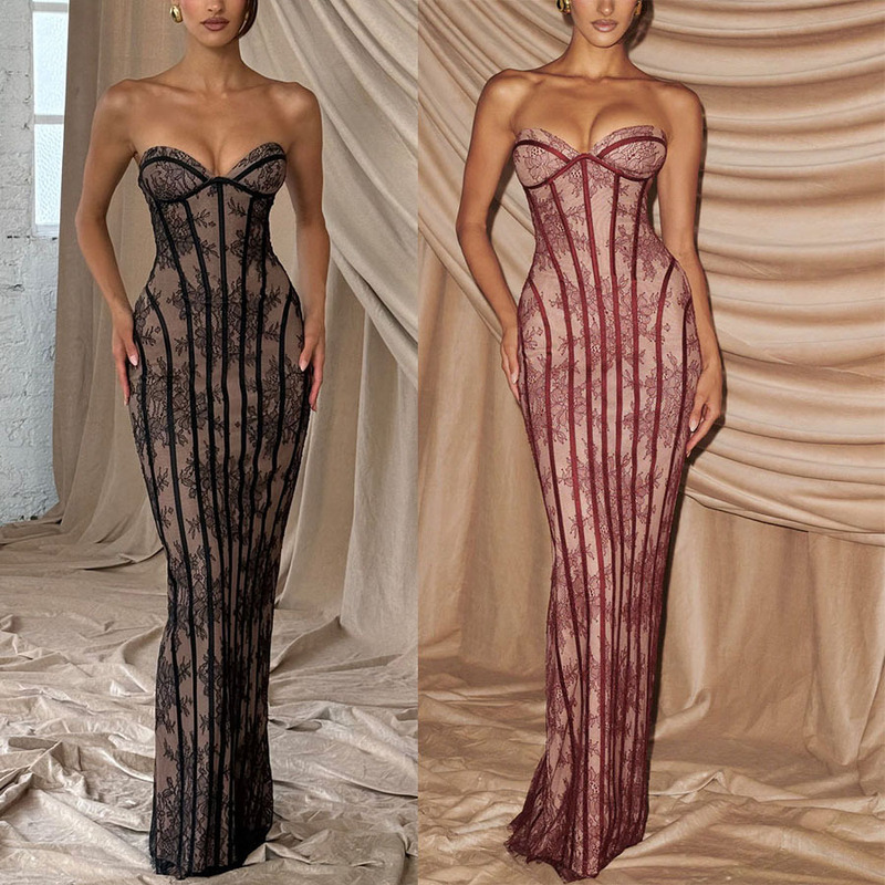Ins New In-Stock Strapless Cross-Border 2026 European and American Lace Women's Tie-Up Bodycon Dress Party Slim-Fit Long Dress Ins New In-Stock Strapless Cross-Border 2026 European and American Lace Women's Tie-Up Bodycon Dress Party Slim-Fit Long Dress