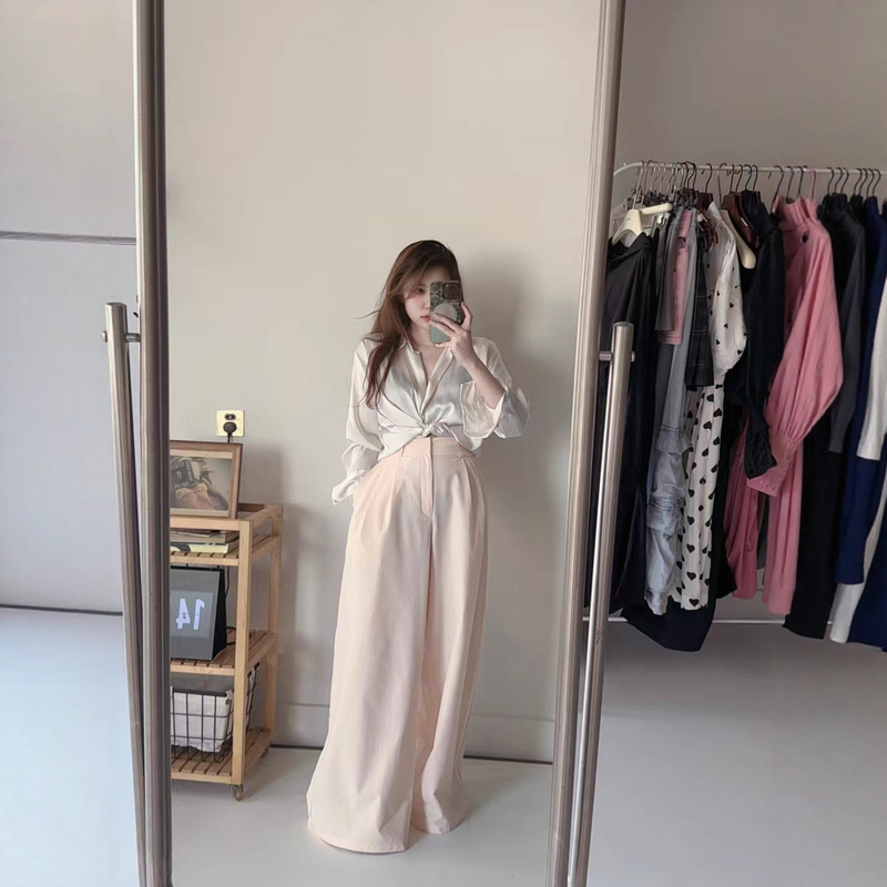 Al0 Autum Draped Wide-Leg Pants Loose Floor-Length Black Straight Suit Pants Elastic Waist European and American Style Girls