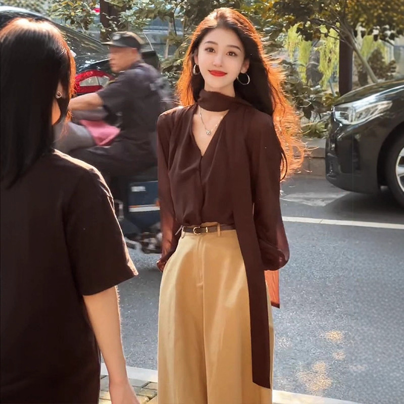 H25071 French Brown V Neck Chiffon Shirt Top for Women 2025 New Early Autumn High-End Work Clothing Long-Sleeved Shirt