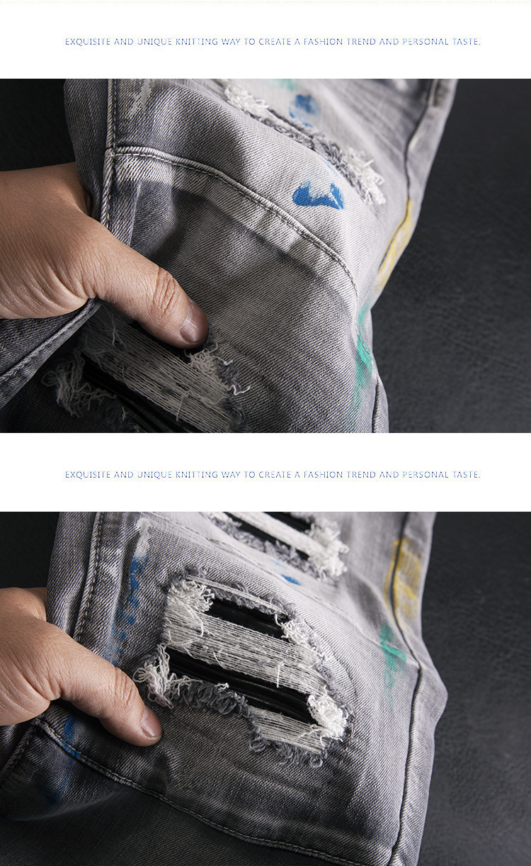 Men’s Slim Fit Ripped Patchwork Jeans With Graffiti Print Retro_voghion.com