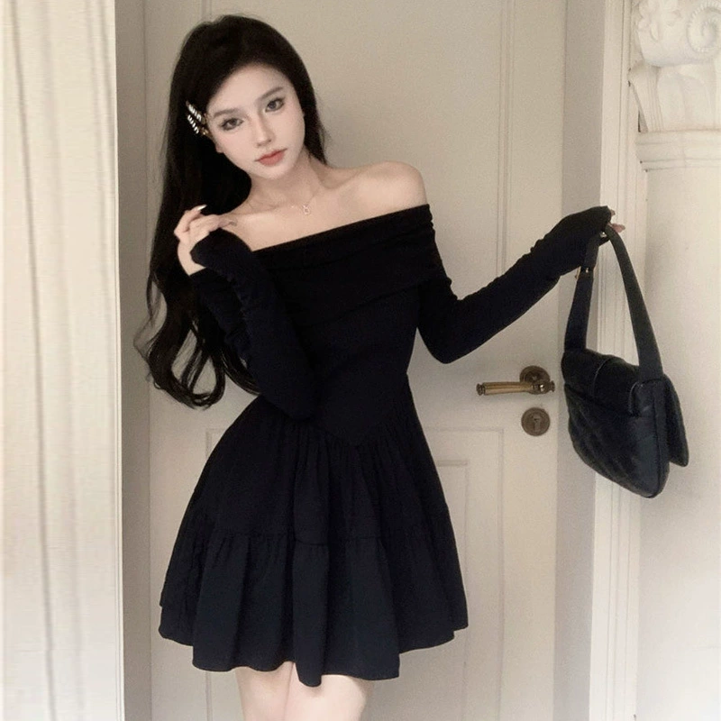 Off-Shoulder Dress, French Style, Slim Fit, Long Sleeve — Black/Apricot, S–XL